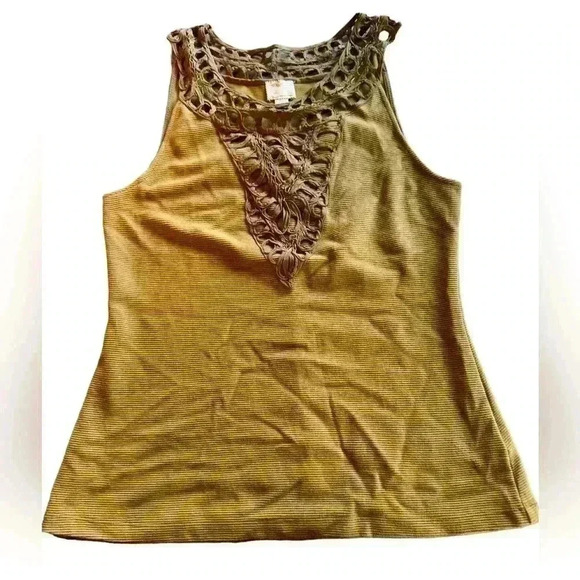 9Hi5 from Anthropologie small brown‎ ribbed shell. Crochet front & neck.EUC - Picture 1 of 9